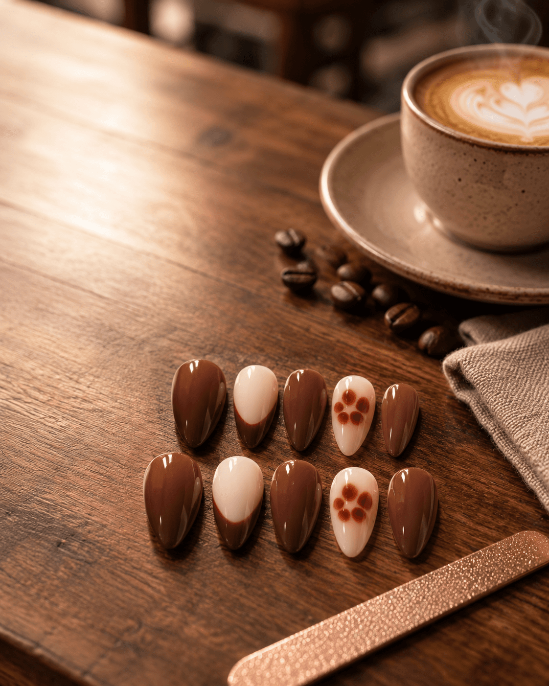 Brown Sugar Florals — Rich chocolate-brown nails with nude accents