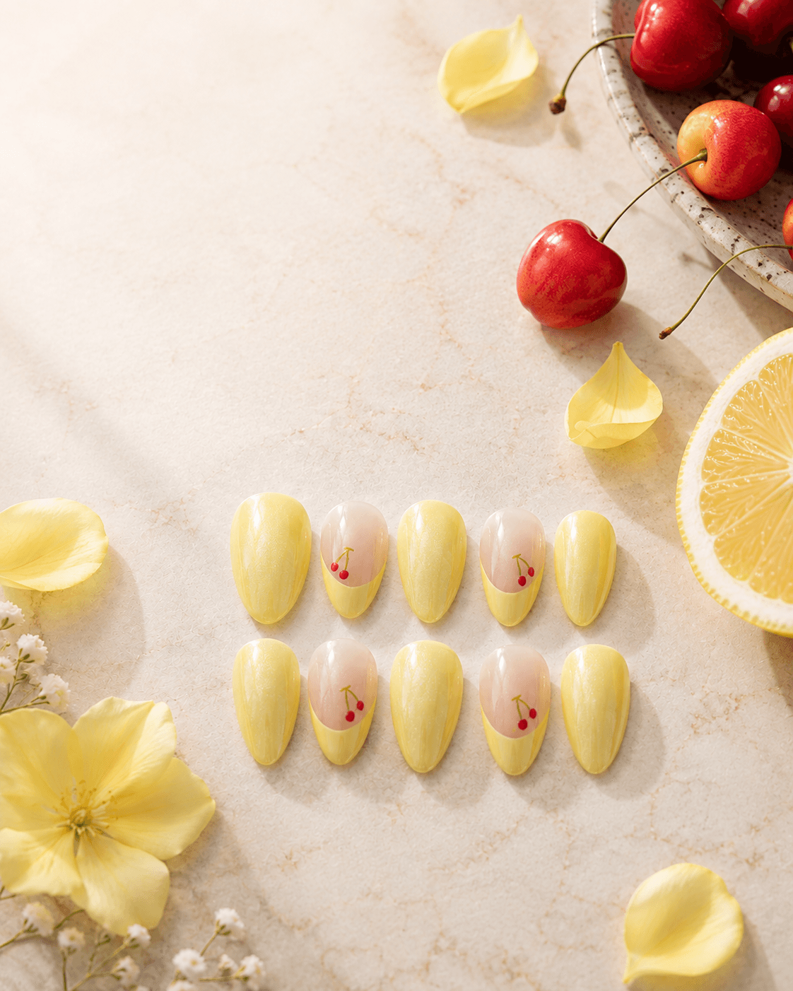 Cherry Pop — Butter yellow glossy nails with cherries