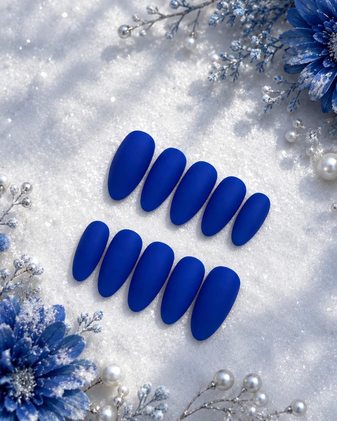 Cobalt Matte — Bold matte royal blue almond nails, clean and solid.