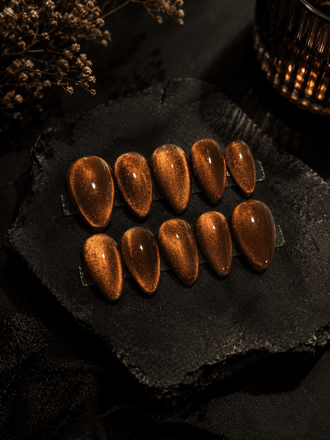 Copper Cat Eye — Shimmering copper cat-eye nails with a magnetic glow