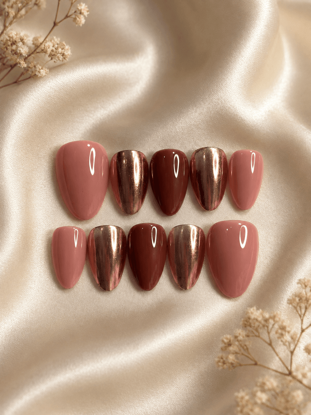 Mauve Mirror — Soft mauve nails paired with rose-gold chrome