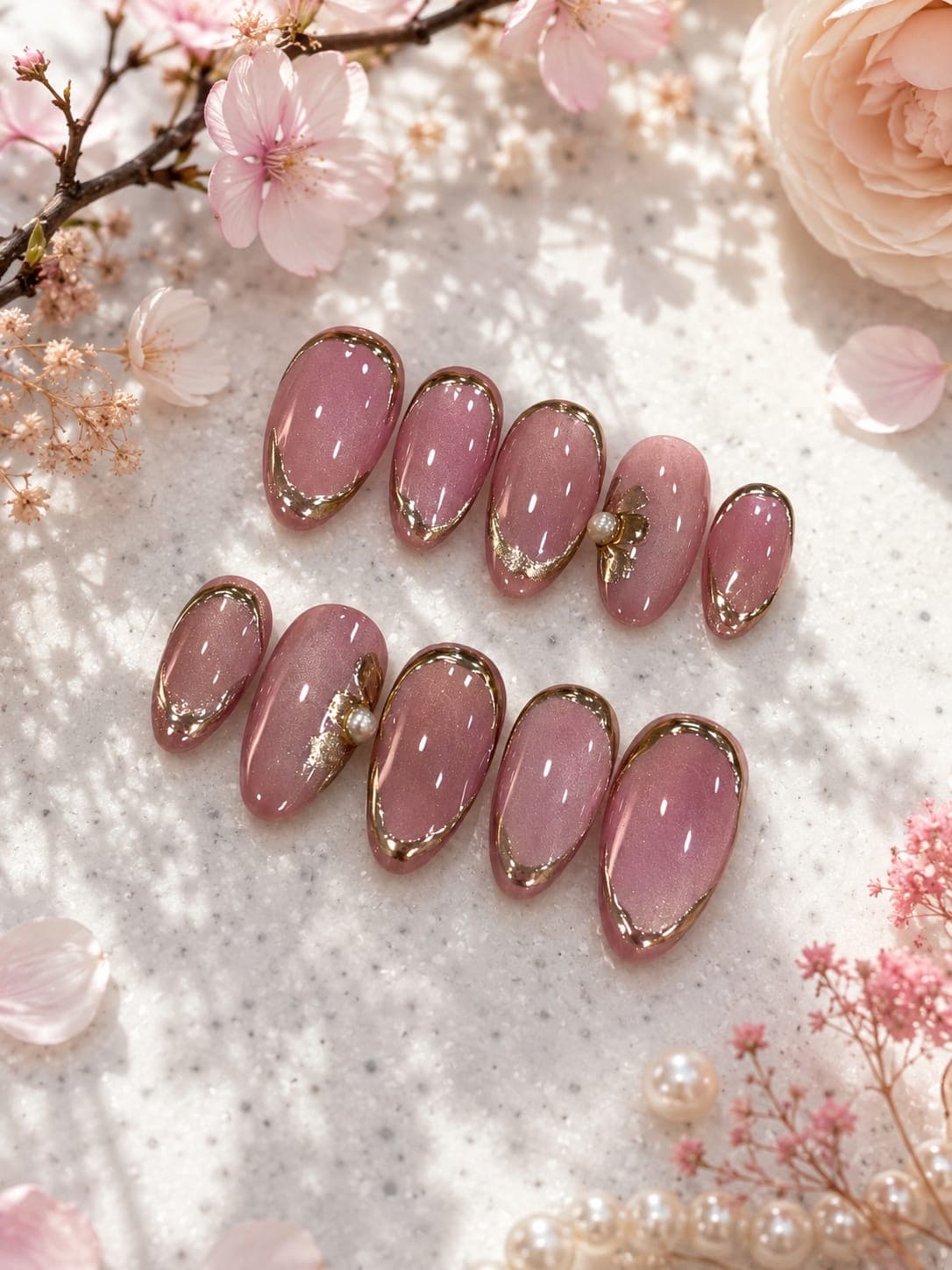 Mauve Taupe Cat-Eye & Chrome Blooms — Muted mauve-taupe cat-eye nails with gold chrome edges and floral pearl accents.