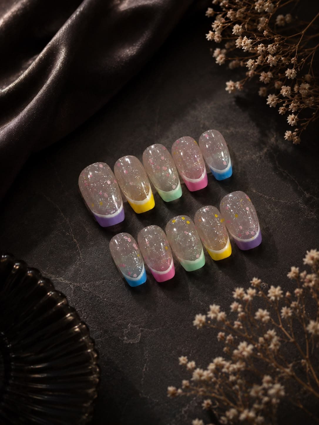 Party Confetti Tips — Sheer glitter base, confetti dots, pastel rainbow French tips