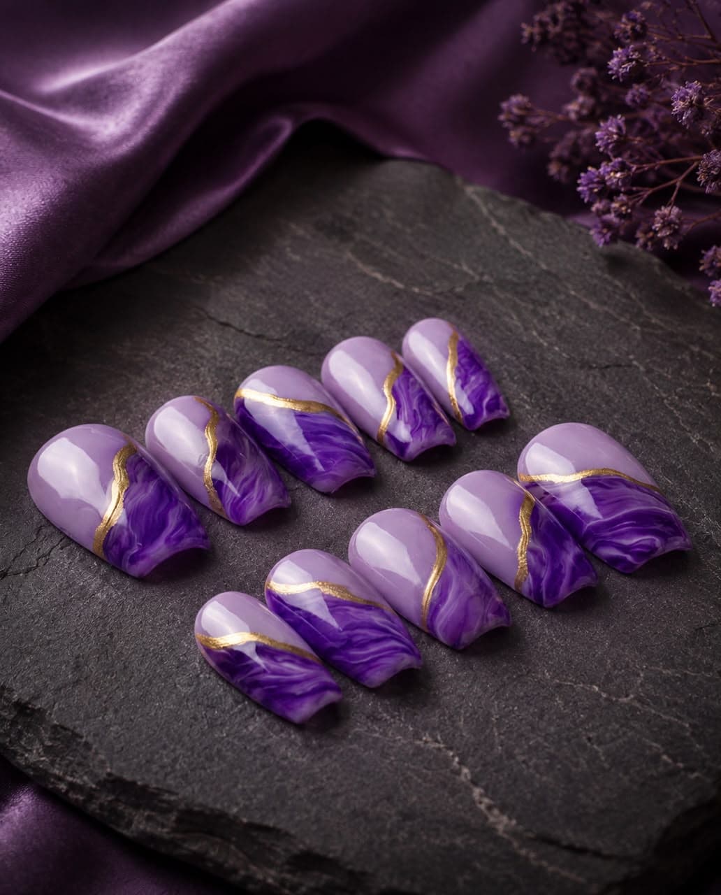 Purple Marble Gold — Lilac and deep purple marble swirls traced with gold