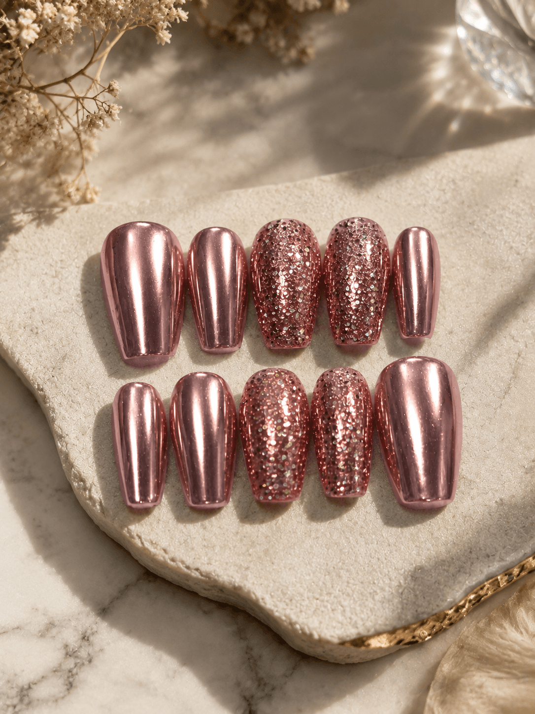 Rose Dust — Mauve chrome nails blended with fine rose-gold glitter