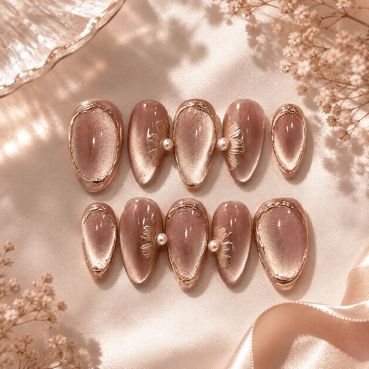 Rose Gold Cat Eye & Chrome Blooms — Rose gold chrome cat-eye nails with 3D chrome floral accents and pearl details — a glossy, metallic set with dimensional shimmer.