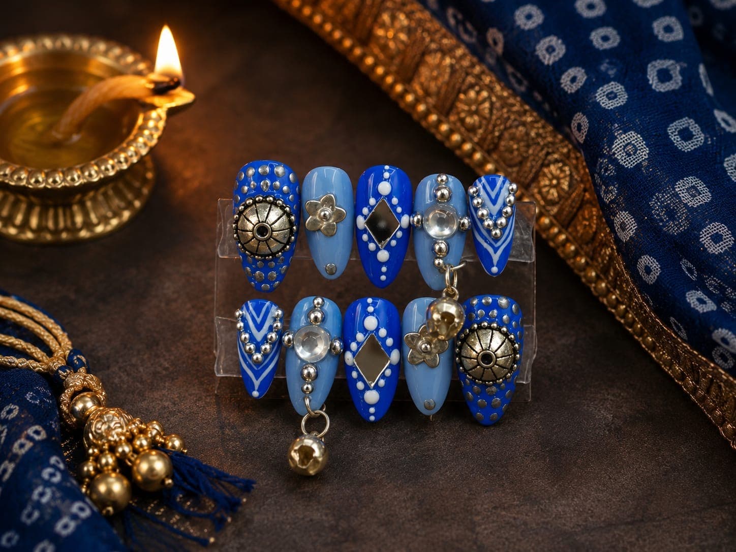 Shahi Blue — Royal and sky blue with silver flower charms and dangling bells