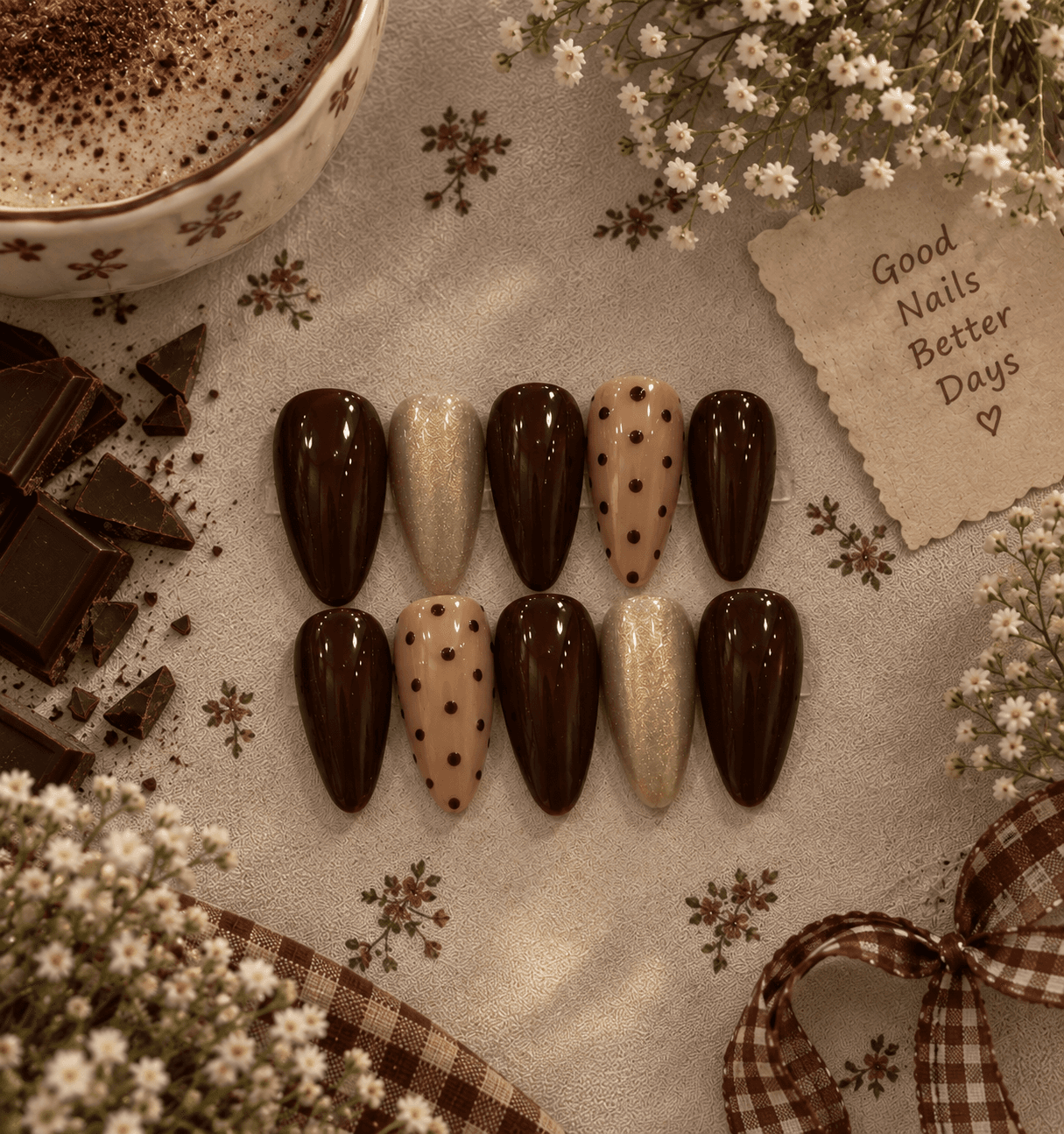 Truffle Dots - L size — Dark chocolate almond nails with gold shimmer accents and beige polka dot nails.